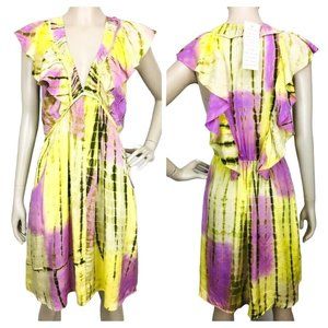 Vintage Yellow Purple Tie-Dye Ruffle Front Butterfly Flutter Sleeve Dress